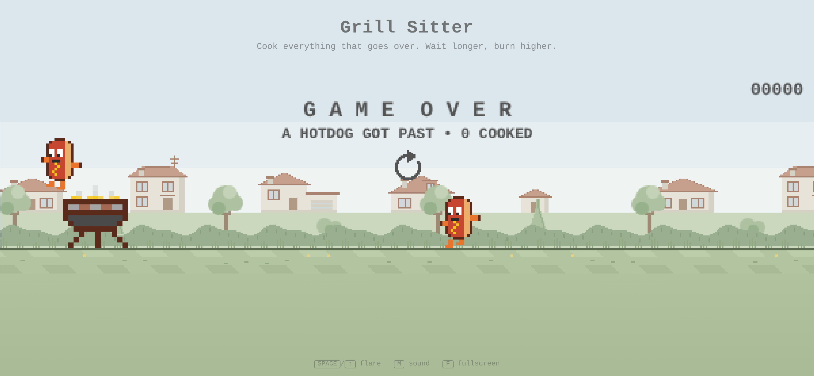 Grill Sitter game-over screen after a hotdog gets past the grill