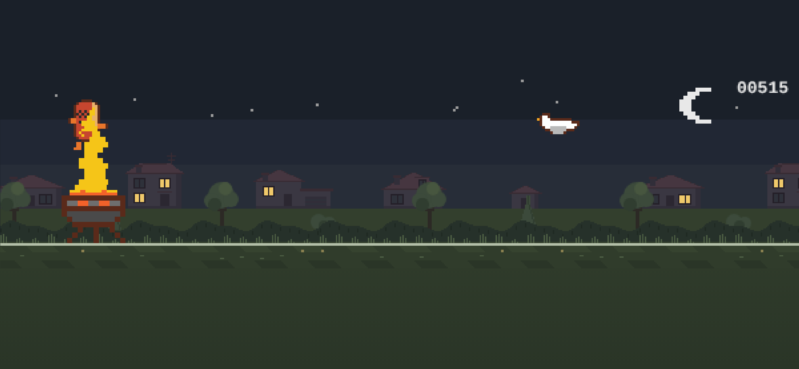 Grill Sitter at night with a tall flame, moon, lit houses, a cooked hotdog, and a crossing seagull