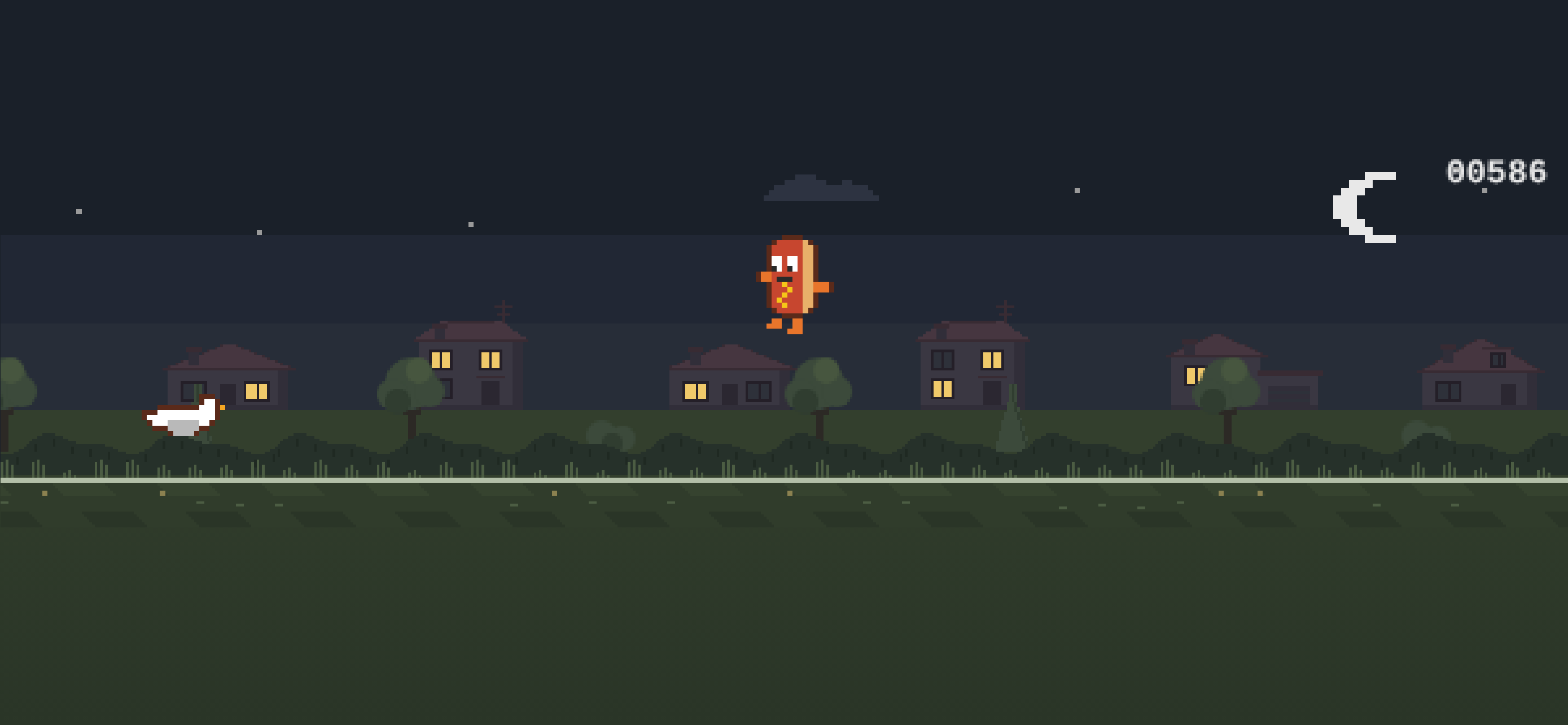 Gull Flyer at night beneath a leaping hotdog with stars, moon, and lit houses