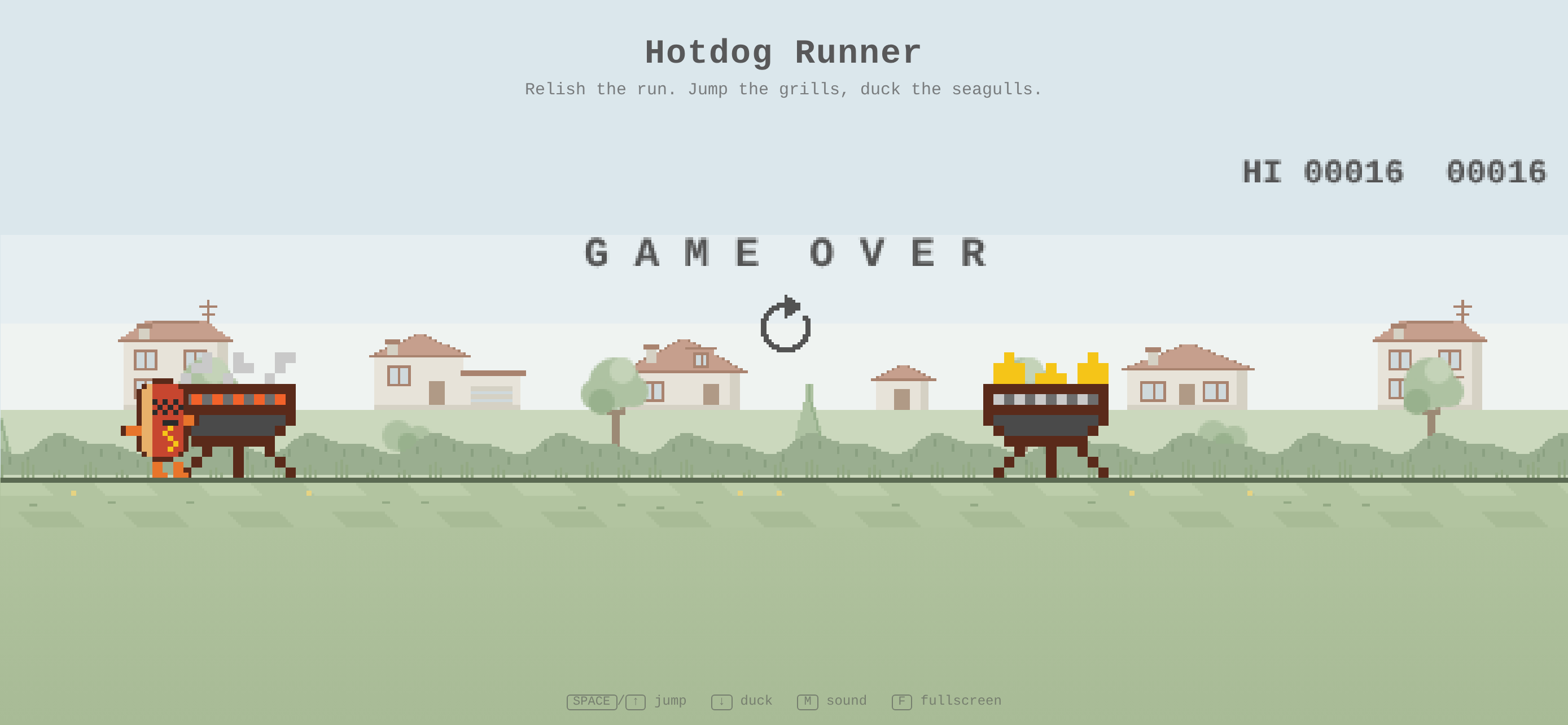 Hotdog Runner game-over screen after colliding with a grill