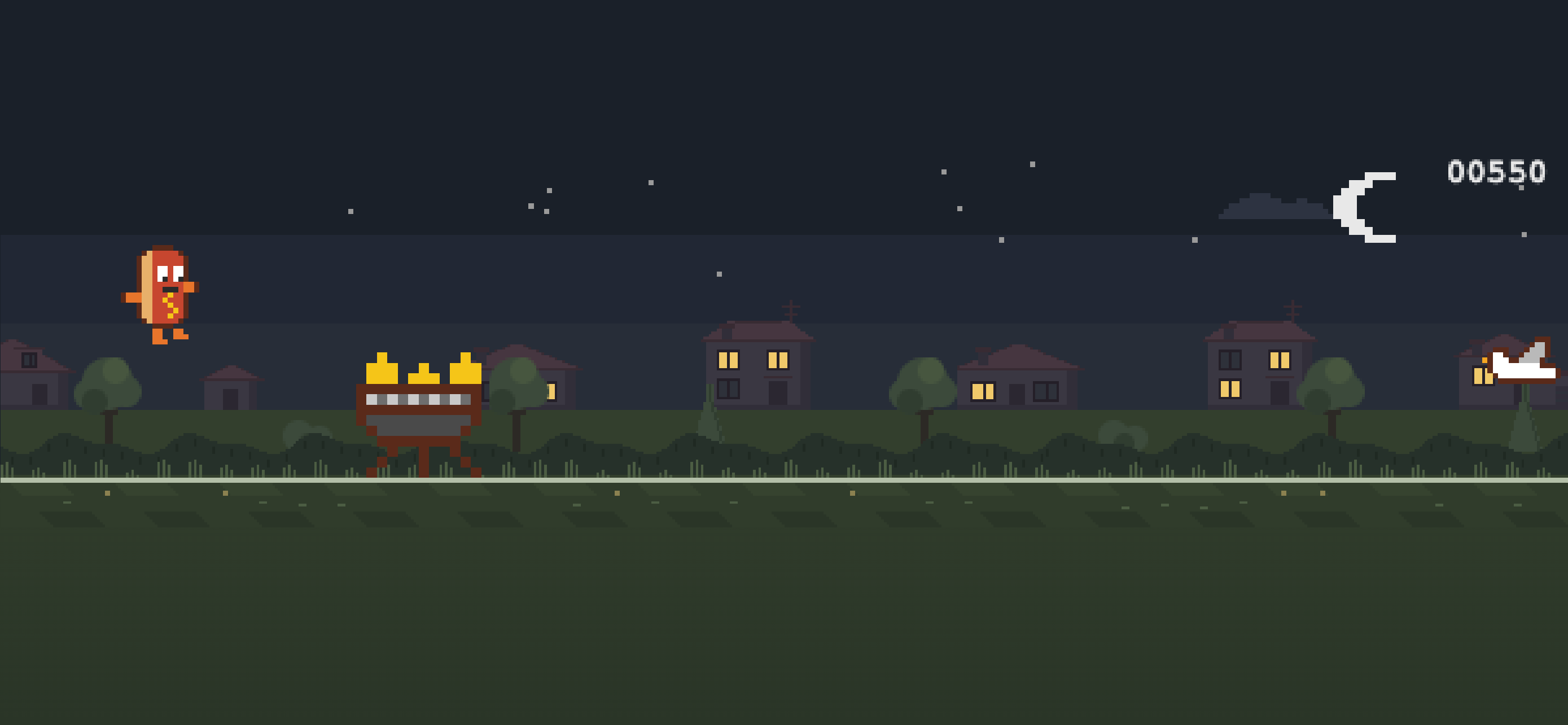 Hotdog Runner at night with stars, moonlit sky, lit houses, a flaming grill, and a diving seagull